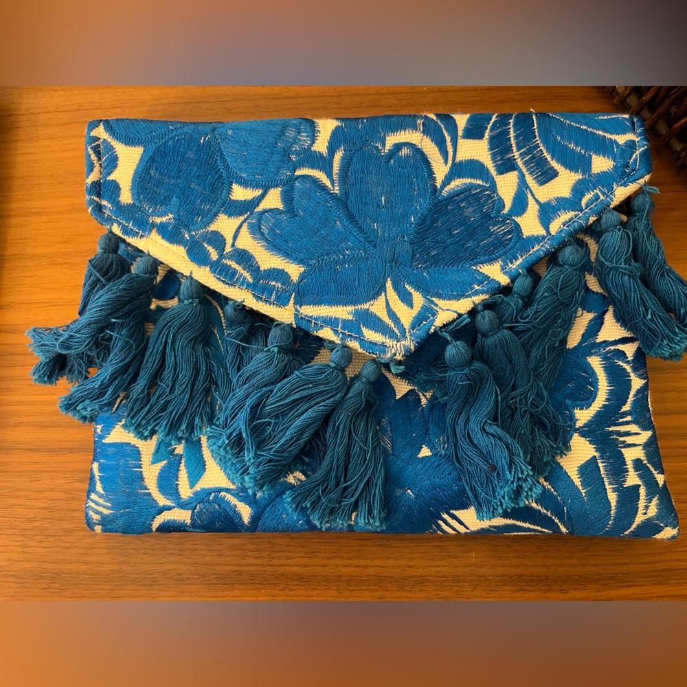 Floral Blue and Cream Clutch with Tassels